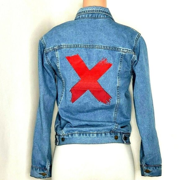 SSY Jeans Small ? Denim Distressed Jean Jacket Embroidered Red Flame X Punk - Picture 5 of 8